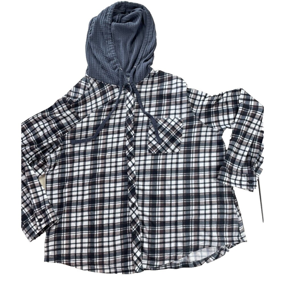 Eden & Olivia Hoodie Top Womens 3X  Plaid White Grey Button Up Casual Hood Plus